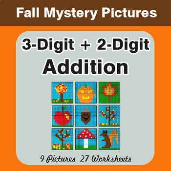 Autumn: 3-Digit + 2-Digit Addition - Color-By-Number Math Mystery Pictures