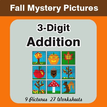 Autumn: 3-Digit Addition - Color-By-Number Math Mystery Pictures