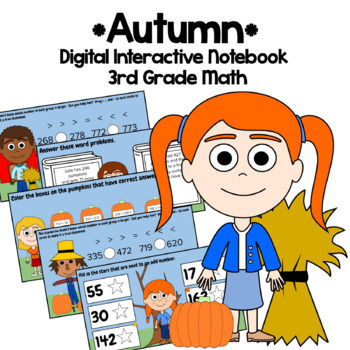 Preview of Autumn 3rd Grade Interactive Notebook Google Slides | Math Skills Review