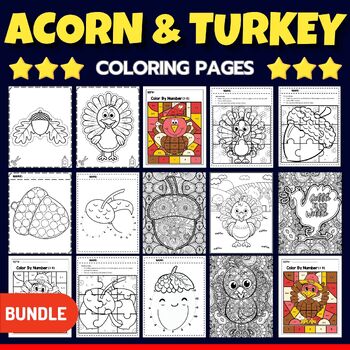 Preview of Autumn Acorn & Turkey Coloring Pages sheets - Fun November Activities BUNDLE