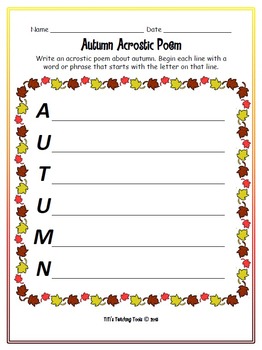 Autumn Acrostic Poem Activities Worksheets Teachers Pay Teachers