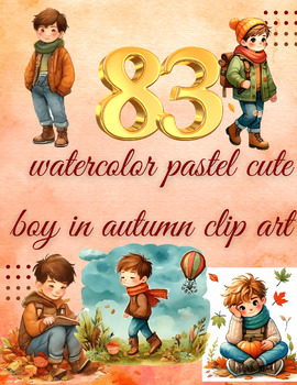 Preview of Autumn Adventures: Watercolor Pastel Cute Boy Clip Art Collection