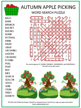Autumn Apple Picking Word Search Puzzle Activity Worksheet Game | No ...