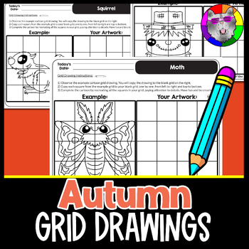 Preview of Autumn Art Grid Drawings,Fall Drawing Skills Worksheets, 1st to 4th Grade