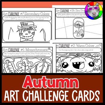Preview of Autumn Art Lesson Challenge Cards, 40 Drawing Prompts and Fall Art Activities