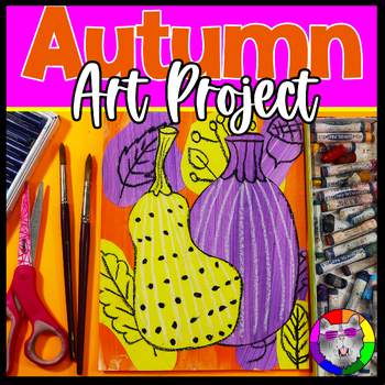 Preview of Autumn Art Lesson, Colorful Fall Pumpkin & Gourd Artwork, 1st Grade to 4th Grade
