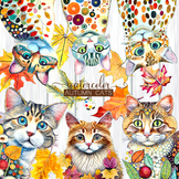 Autumn Cats - Watercolor Seasonal Clipart Elements