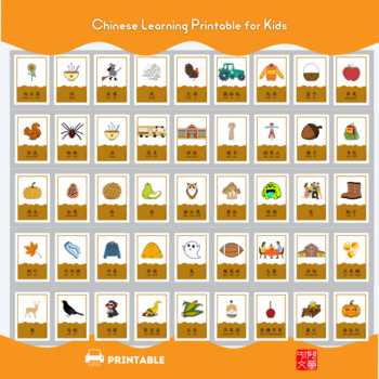 Preview of Autumn Chinese Learning Montessori 3-Part Flashcards for Kids