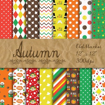 Preview of Autumn Digital Paper Pack - 16 Different Papers - 12inx12in - Thanksgiving Paper