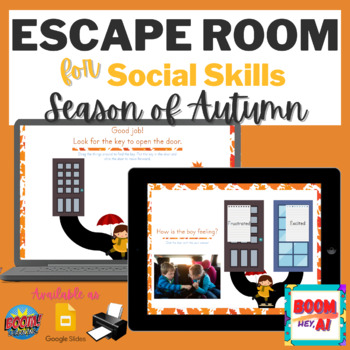 Preview of Autumn Fall BOOM CARDS GOOGLE SLIDES Speech Therapy Escape Room Social Skills
