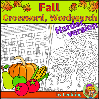 Preview of Autumn Fall Crossword, Fall Word Search, Fall Puzzle Activities – Harder version