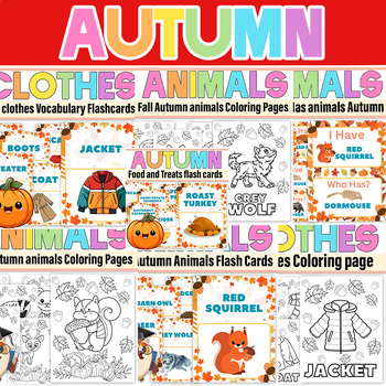 Preview of Autumn Fall Food and Treats,Clothes ,Animals Flash Cards And Coloring page