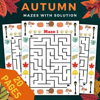 Preview of Autumn Fall Mazes Puzzles With Solutions - Fun Fun September October Games 