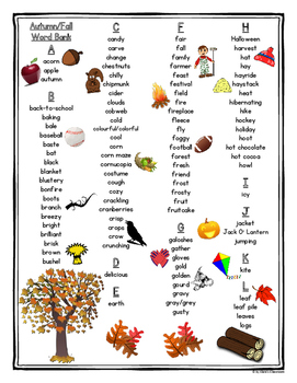 Preview of Autumn/Fall Vocabulary Printable Student Word Bank/List