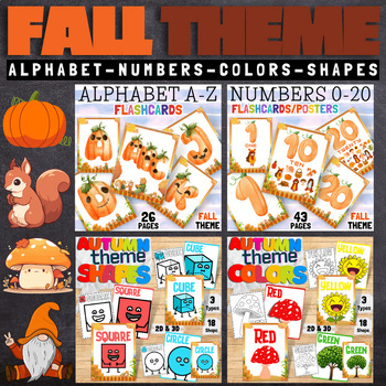 Preview of Autumn Fall Theme Alphabet, Numbers, Colors and Shapes Flashcards/Posters Bundle