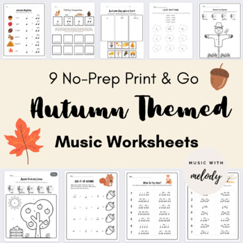Preview of Autumn / Fall Themed Music Worksheets: 9 Print-and-Go Sheets for Music Class