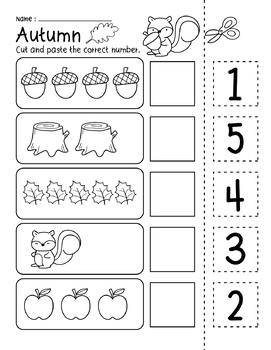 Autumn Fall number 1-10 Cut and Paste Match to 10 Printables Worksheets