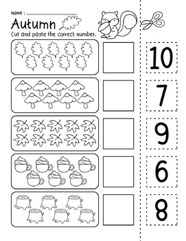 Autumn Fall number 1-10 Cut and Paste Match to 10 Printables Worksheets