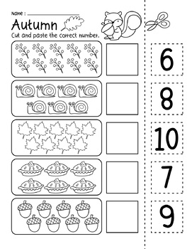 Autumn Fall number 1-10 Cut and Paste Match to 10 Printables Worksheets