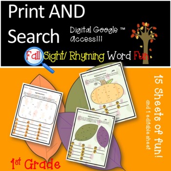Preview of Autumn/ Fall themed | Sight & Rhyming Words Magnifying Search | 15 Pages Digital