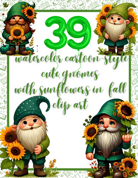 Preview of Autumn Gnome Delights: Watercolor Gnomes with Sunflowers Clip Art Collection
