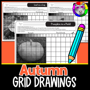 Preview of Autumn Grid Drawings, Fall Drawing and Shading Worksheets, 5th to 8th Grade