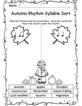Preview of Autumn, Halloween, and Thanksgiving Rhythm Sort