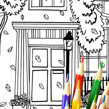 Preview of Autumn In The City Coloring Book Page For Teens and Adults