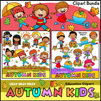 Preview of Autumn Kids BUNDLE - Full color and Black/ white clipart. LILLY SILLY BILLY