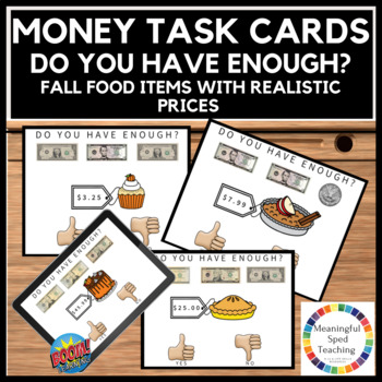 Preview of Autumn Life Skills Yes and No Counting Money Printable Task Cards & Boom Cards™
