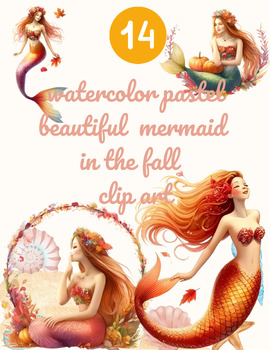 Preview of Autumn Mermaids: Watercolor Pastel Beautiful Mermaid Clip Art
