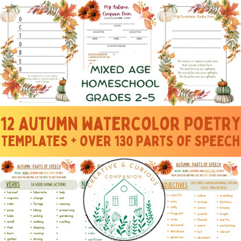 Preview of Autumn Oct Nov Watercolor Poetry Templates haiku cinquain acrostic homeschool