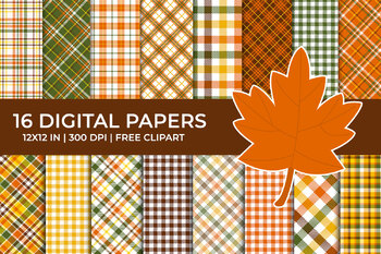 Preview of Autumn Plaid Digital Papers Set, Fall Tartan, Gingham Backgrounds, Free Clipart