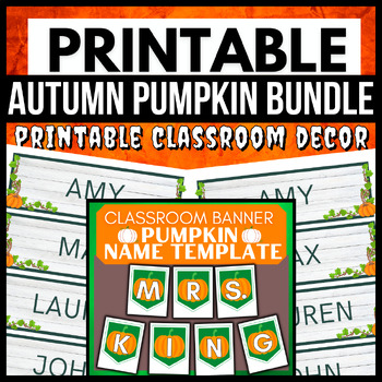 Preview of Autumn Pumpkin Bundle → Printable Classroom Banner & Colorful Name Labels