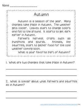 autumn reading comprehension freebie by sarah eisenhuth tpt
