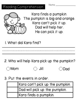 Autumn Reading Comprehension Kindergarten / First Grade FREE SAMPLE