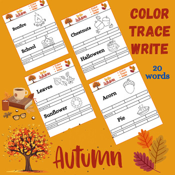 Preview of Autumn Vocabulary - Coloring, Tracing, and Writing; Thanksgiving; Halloween