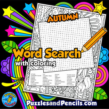 Preview of Autumn Word Search Puzzle Activity Page with Coloring | Fall Puzzle