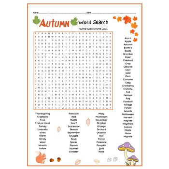 Autumn Word Search Worksheet For Kids by Little Junnie | TPT