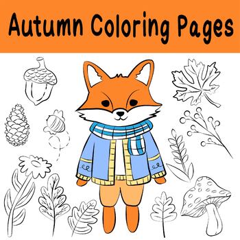Preview of Autumn coloring pages, autumn plants and cute fox clipart {coloring book}