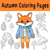 Autumn coloring pages, autumn plants and cute fox clipart 