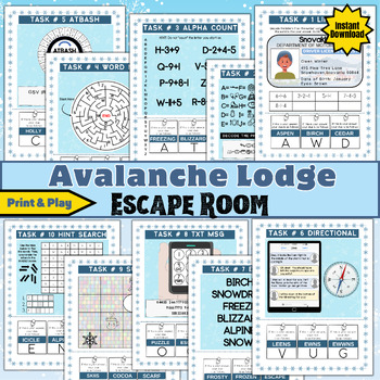 Preview of Avalanche Lodge Escape Room Game for Kids, No Setup Required! Winter Escape Room