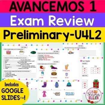Preview of Avancemos 1 Spanish Final Exam Review Study Guide Unit 1- 4 Google Slides™