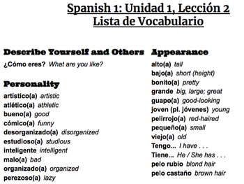 Avancemos 1 Unidad 1 Lección 2 Vocabulary List by Team Hartz | TpT