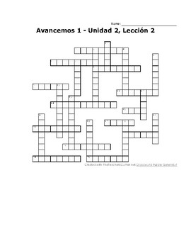 Avancemos 1 Unit 2 Lesson 2 2 2 Crossword Puzzle By Senora Payne