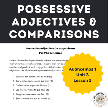Preview of Avancemos 1 Unit 3 Lesson 2 Possessive Adjectives Comparisons Worksheet Homework