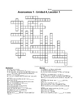 Avancemos 1 Unit 4 Lesson 1 4 1 Crossword Puzzle By Senora Payne