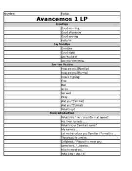 Preview of Avancemos 1 Vocabulary worksheets and Answer Keys Units LP-8