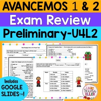 Preview of Avancemos 1 and 2 Spanish Final Exam Review Study Guide BUNDLE Google Slides™