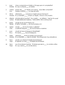 Avancemos 2 Unit 1 Direct and Indirect Object Pronoun Worksheet | TpT